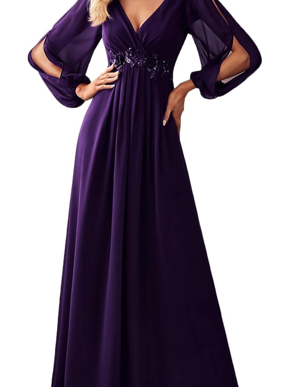 Elegant Purple V-Neck Evening Dress with Sheer Sleeve Detail